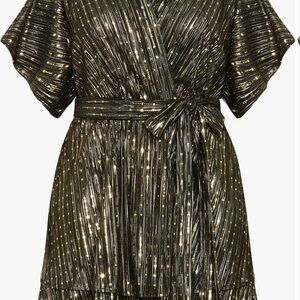 Frida Metallic Shimmering Black and Gold Faux Wrap Dress